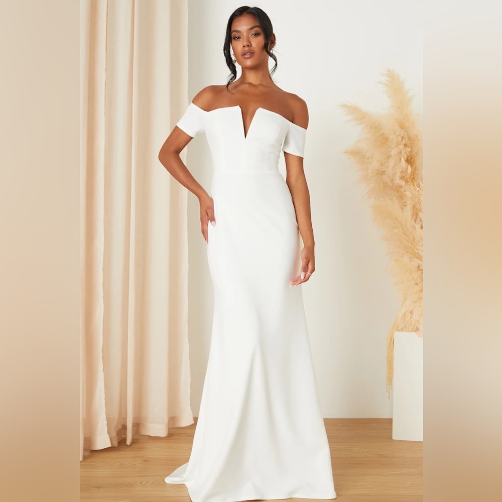Lulus White Off Shoulder Mermaid Train V Front Maxi Gown Dress Size S